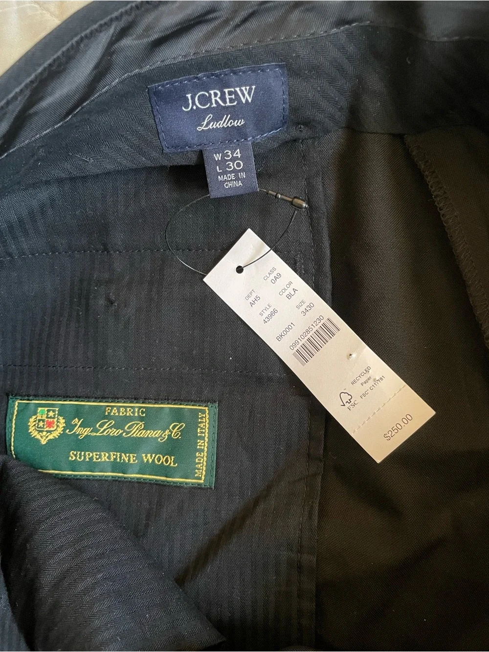 J.‎ CREW Ludlow Slim-fit suit pant in Italian wool in Black W 34 NWD $250 43966